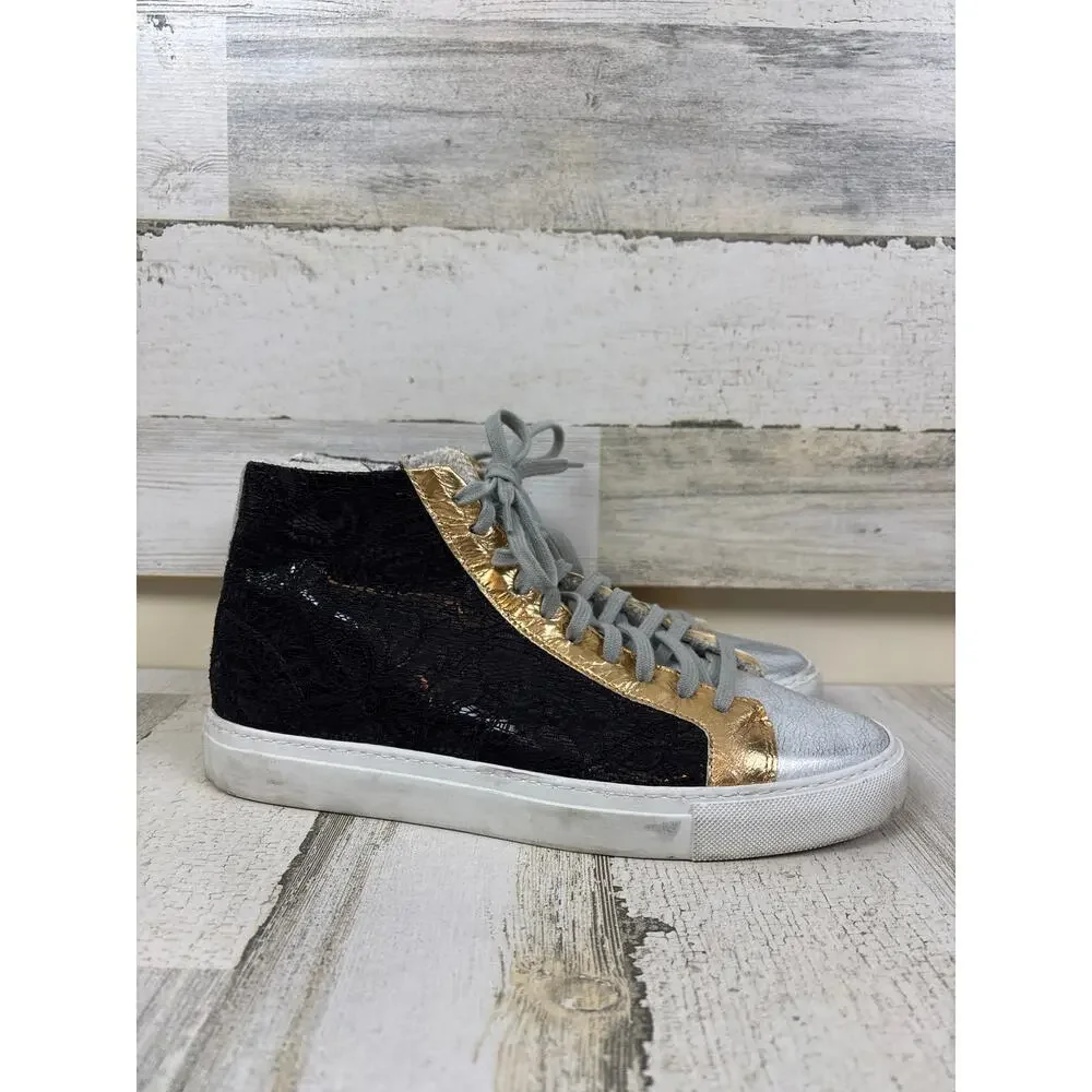 P448 Womens 10 Black Metallic Leather High Top Gold Lace Up Casual Sneakers